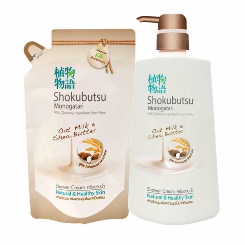 SHOKUBUTSU Oat Milk & Shea Butter ครีมอาบน้ำ สูตรเพิ่มความชุ่มชื่นสำหรับผิวแห้ง สีน้ำตาล 500 มล. 1 ขวด + 1 ถุงเติม