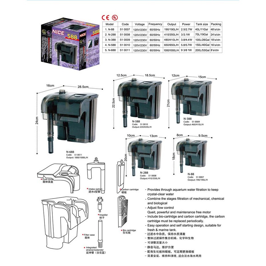 NICE HANGING EXTERNAL FILTER PUMP AQUARIUM 88, 288, 388 & 588
