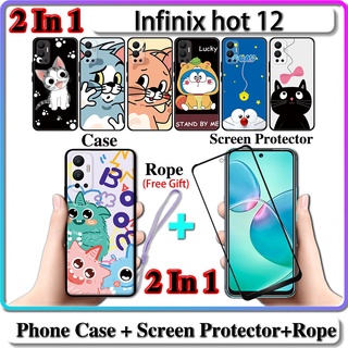 2 IN 1 เคส Infinix hot 12 พร้อมกระจกนิรภัยกันรอยหน้าจอโค้ง เซรามิค ลายแมวและโดราเอมอน