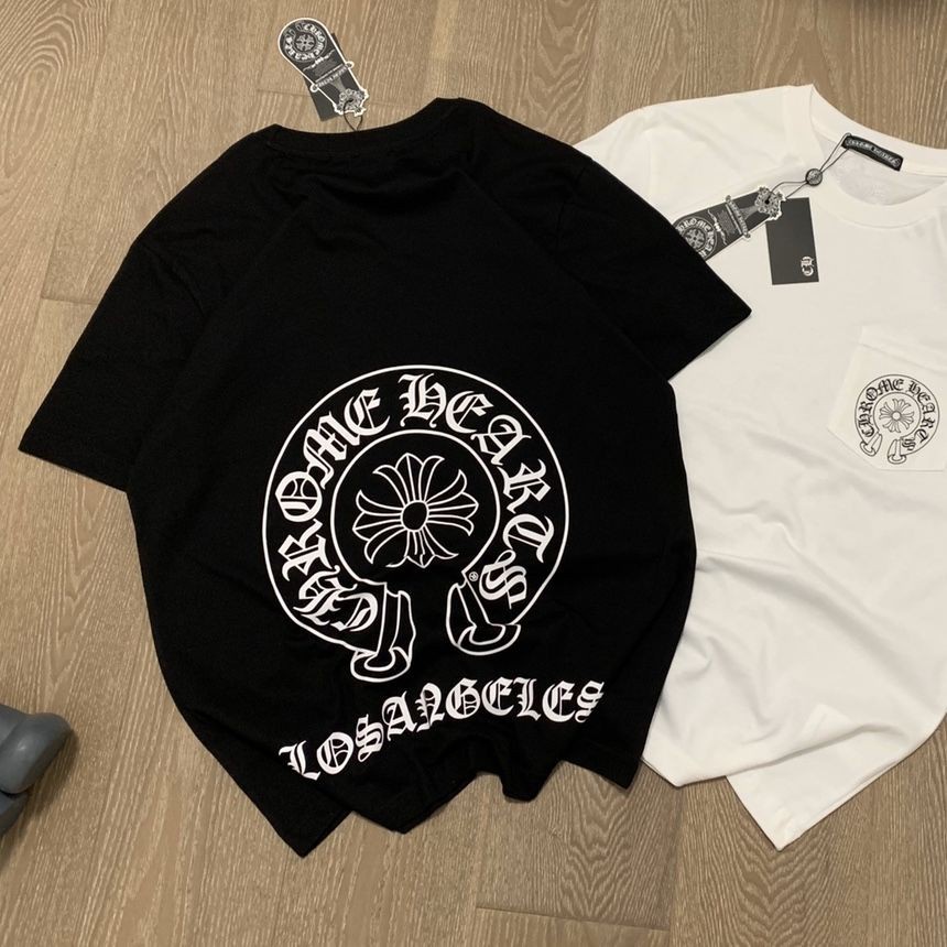 Chrome Heartsเสื้อผ้า Chrome Hearts✜ CH Crow heart รูปเกือกม้าพิมพ์ด้านหลังนักฆ่าคู่เสื้อยืดหลวมสบาย ๆ ทุกคู่แฟชั่นชายแ
