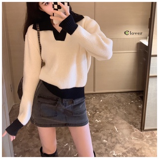 เสื้อกันหนาว เสื้อไหมพรมถัก เสื้อแฟชั่นหญิง Polo neck contrast knit sweater 45626