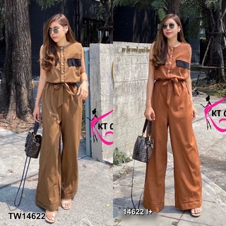 ⭐️🌈ชุดเที่ยว Jumpsuit จั๊มสูทยาว กระดุมจริงด้านหน้า ดีเทลกระเป๋าหลอกช่วงอกแต่งสีดำ มีเชือกแยกผูกเอว