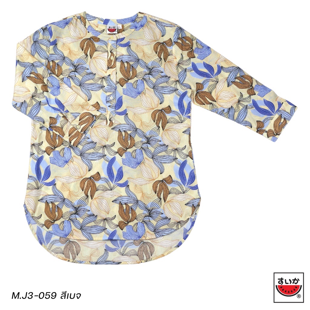 เสื้อแตงโม (SUIKA) - เสื้อผ้าป่านมัสลิน คอจีนเล็ก กระดุมหน้า 4 เม็ด แขนสามส่วน ลายดอกไม้ ( M.J3-059 )
