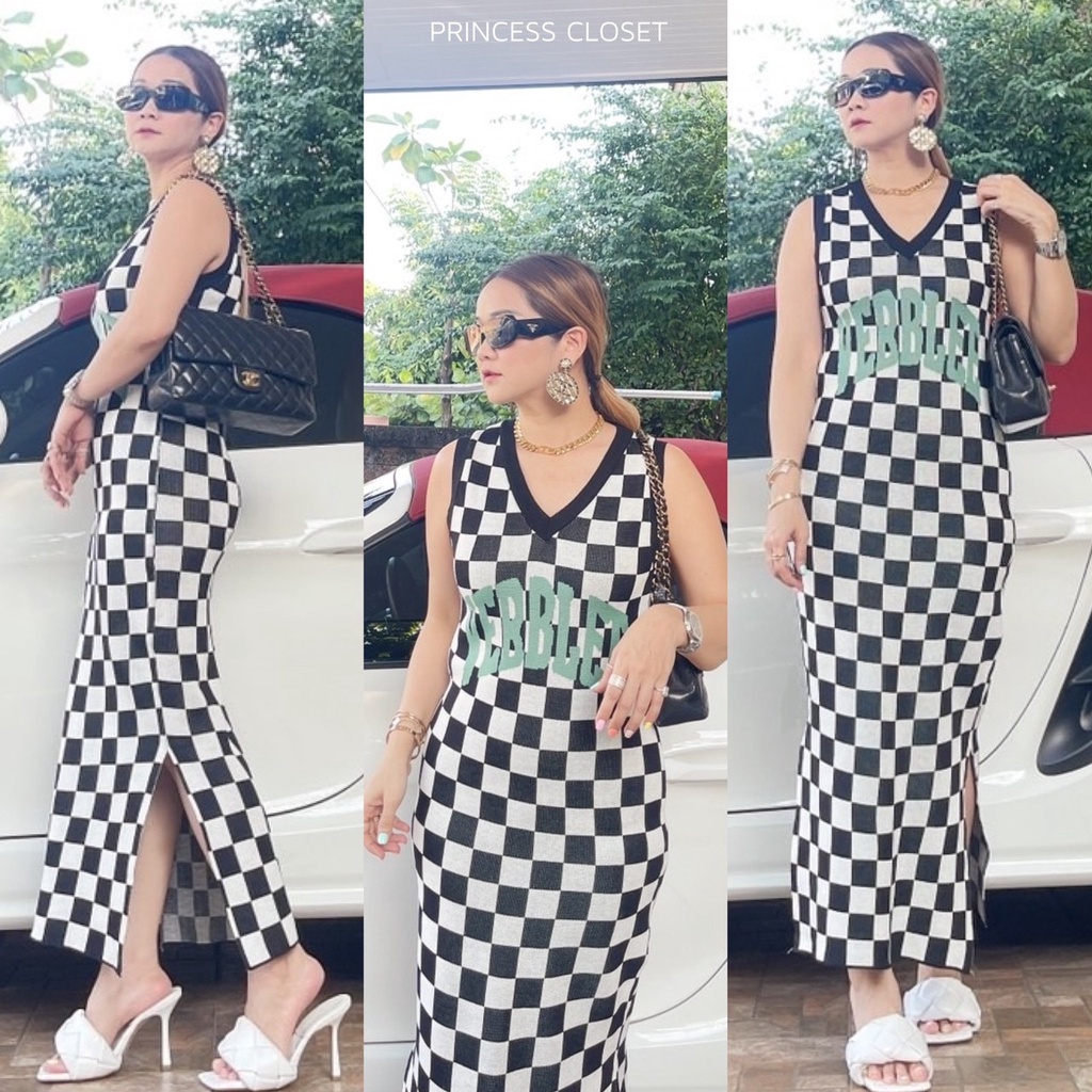 bybeyond เดรสยาว เดรสไหมพรม ลายสก๊อต แขนกุด คอวี เสื้อผ้าแฟชั่นฟรีไซส์ ...