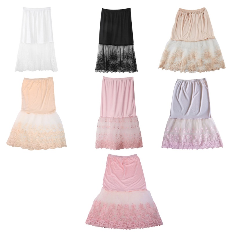 Kin ลูกไม้ครึ่งสลิปกระโปรง Extender เอวยางยืด A-line Hollow Petticoat Underกระโปรง