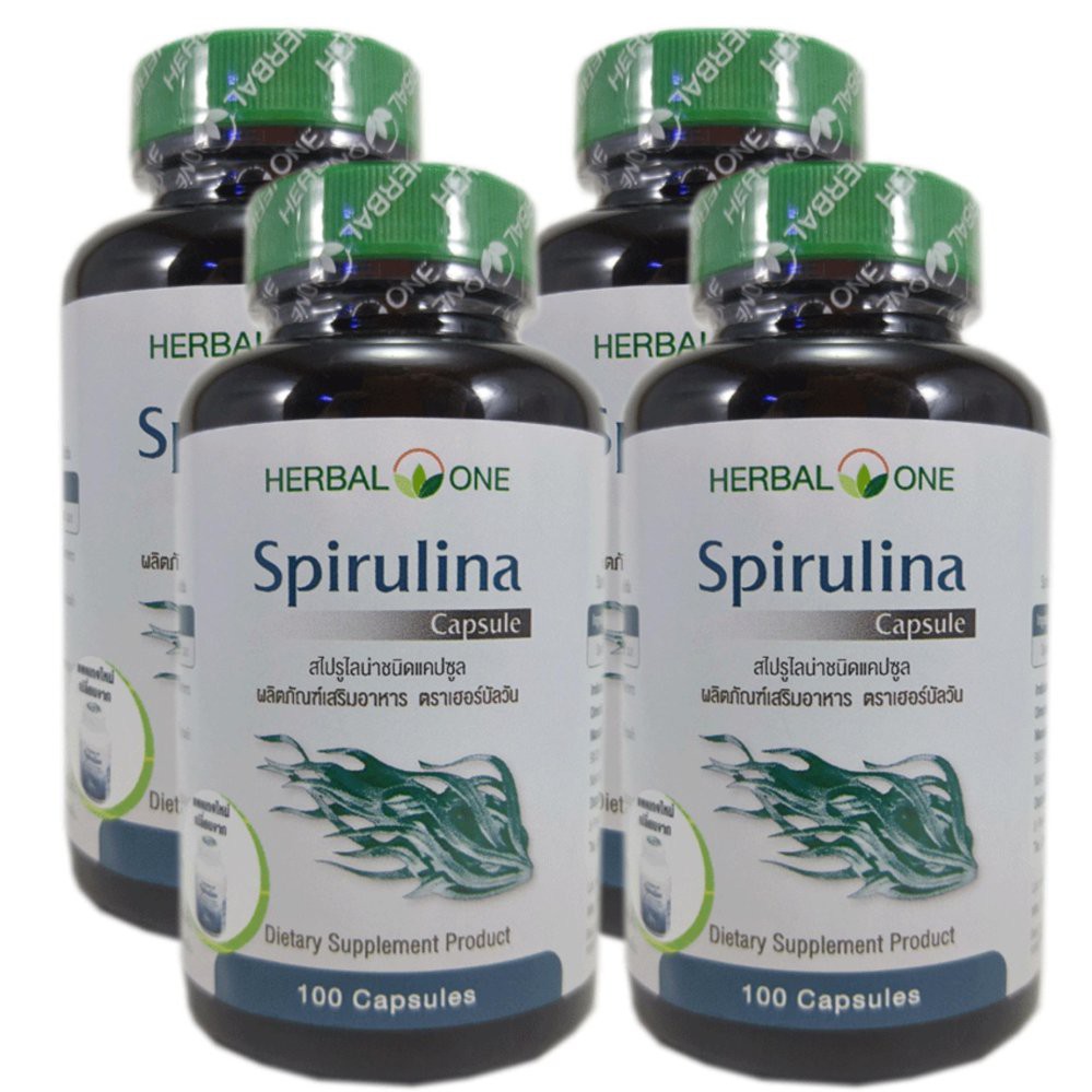 สาหร่ายเกลียวทอง อ้วยอัน Herbal One Spirulina 100 caps.x 4 ขวด สาหร่ายสไปรูลิน่ามีสารต่อต้านอนุมูลอิสระ ลดสารพิษในตับ