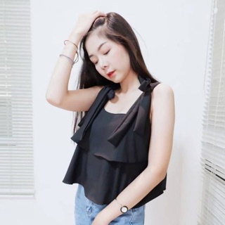 สายเดี่ยวระบายรอบตัว2ชั้น ผูกเชือกโบว์ที่ไหล่ รุ่นนี้ใส่สวยพริ้วฝุดๆ