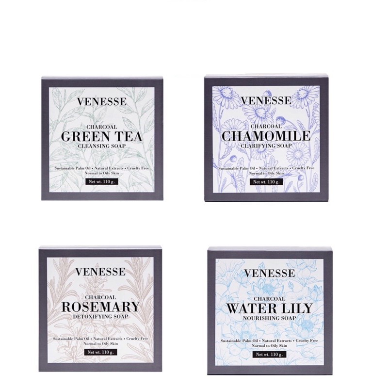 VENESSE CHARCOAL SOAP (สบู่ทำความสะอาดผิวกาย) 110 กรัม มีให้เลือก 4 แบบ WATER LILY / GREEN TEA / CHA