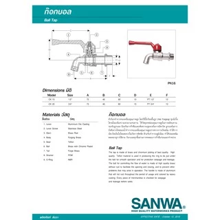 SANWA ก๊อกบอล ก้านแดง ขนาด 1/2"(4หุน) และ 3/4นิ้ว (6หุน)
