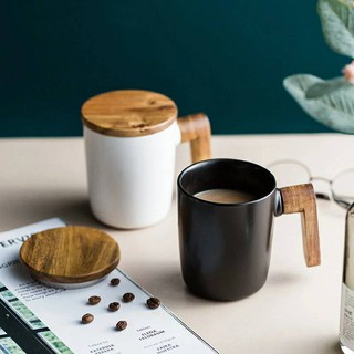 แก้วเซรามิคพร้อมฝาและด้ามจับไม้  Mug with lid and wooden handle ✔สินค้าพร้อมส่ง