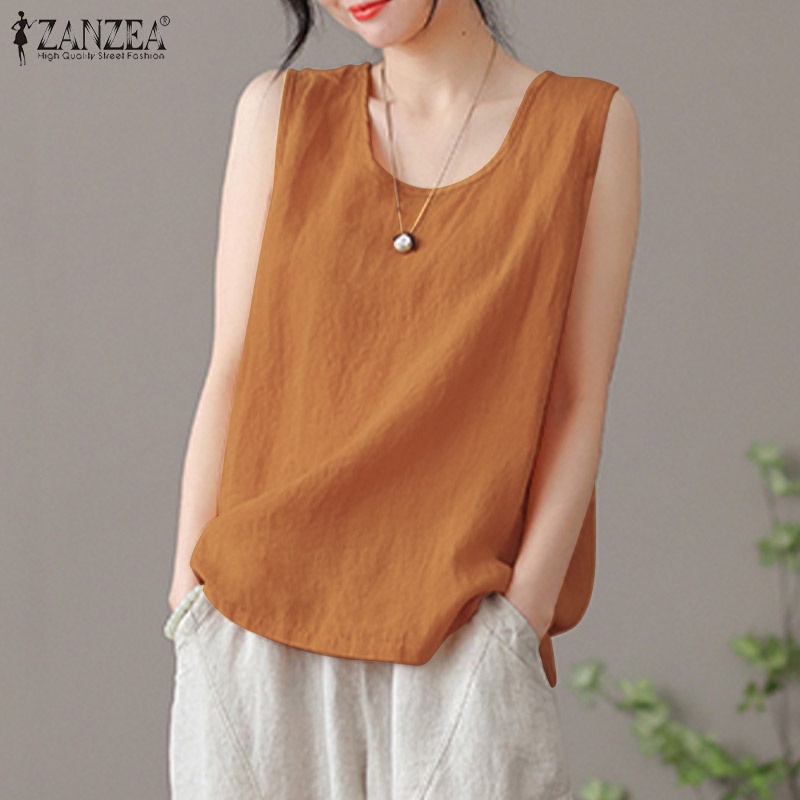 Zanzea ผู้หญิง เรียบง่าย ลําลอง แขนกุด คอกลม สีพื้น เข้ากับทุกการแต่งกาย เสื้อกั