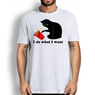 คอลูกเรือเสื้อยืด พิมพ์ลายกราฟิกแมวตลก I Do What I Want Black Cat Red Cup สําหรับผู้ชายS-5XL