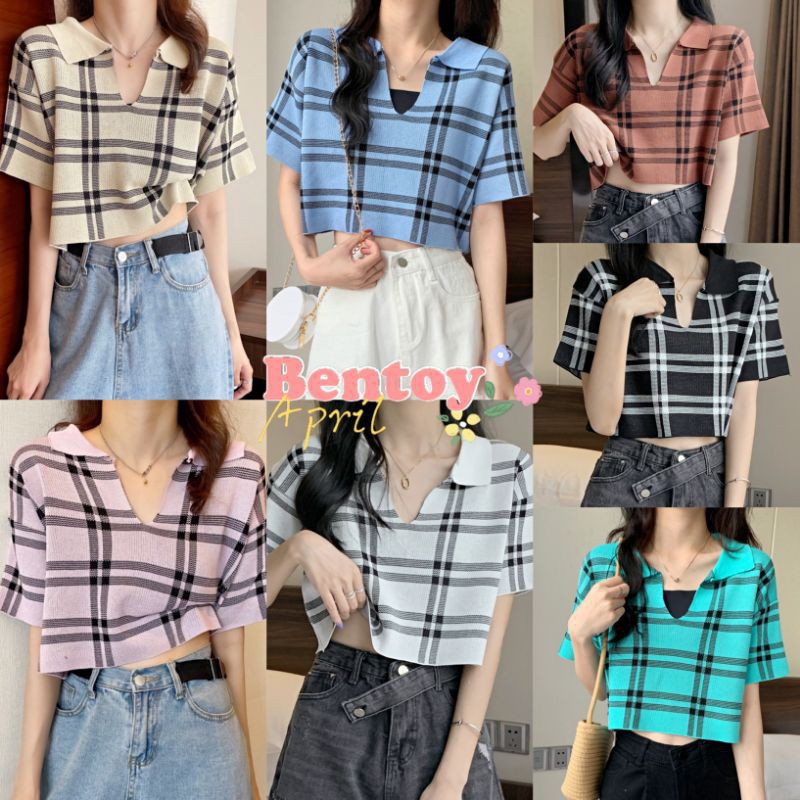 ▬❈Bentoy*พร้อมส่ง*เสื้อครอปไหมพรมแขนสั้น ลายสก็อต แหวกลึก(9578)