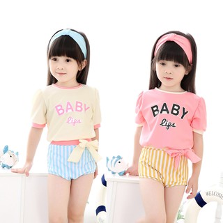 (2-7 ปี) ชุดว่ายน้ำเด็ก แฟชั่นเกาหลี Baby Girl สีชมพู สีเหลือง พร้อมหมวก แนววินเทจ  # H04-05