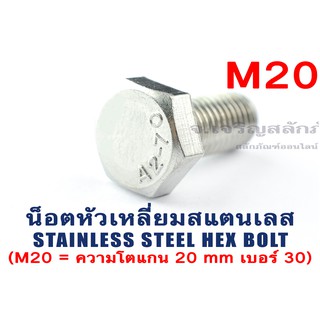 น็อตหัวเหลี่ยมสแตนเลส Stainless Steel Hex Bolt M20 ยาว 65-130 mm น็อตหัวหกเหลี่ยมสแตนเลสแท้ (SUS304)