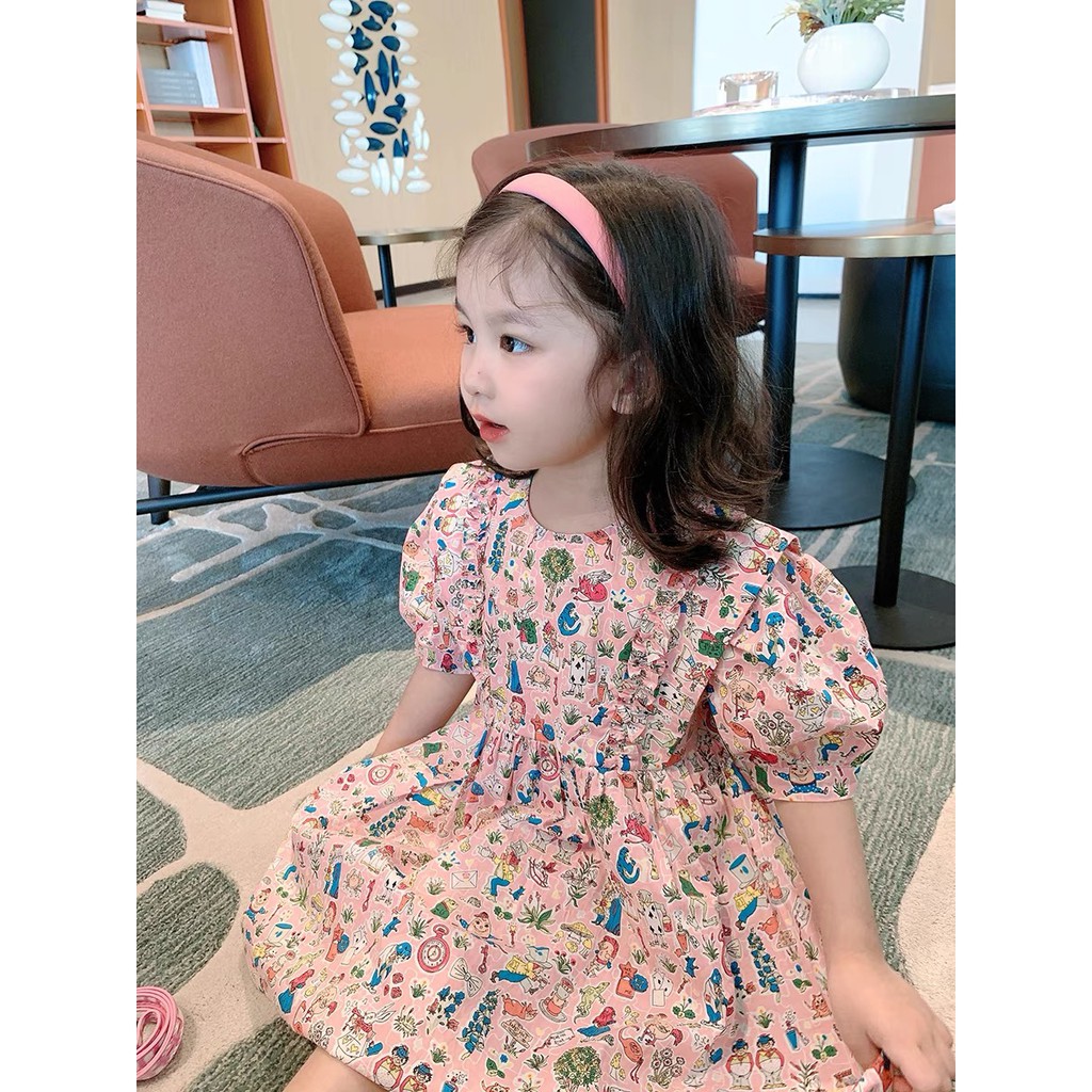 nana พร้อมส่ง ชุดเดรสเด็กผู้หญิง เดรสกระโปรงลายการ์ตูนแขนตุ๊กตาผูกโบว์ด้านหลัง ผ้าดี แบบน่ารักค่2120087