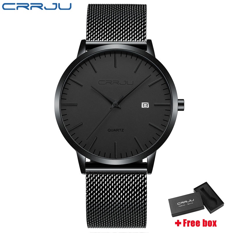 CRRJU Men Watch Black Stainless Steel Mesh Band Calendar Display Sports Waterproof Quartz Watch 2172