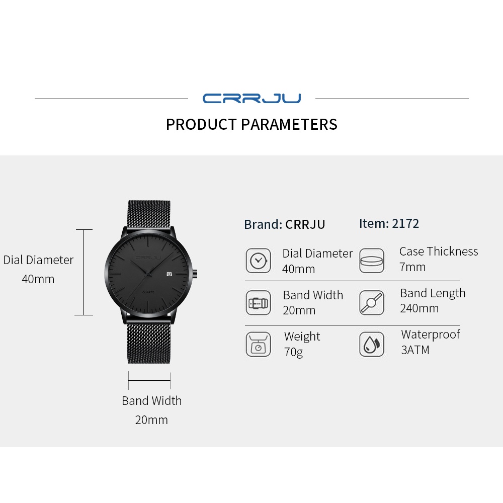 CRRJU Men Watch Black Stainless Steel Mesh Band Calendar Display Sports Waterproof Quartz Watch 2172