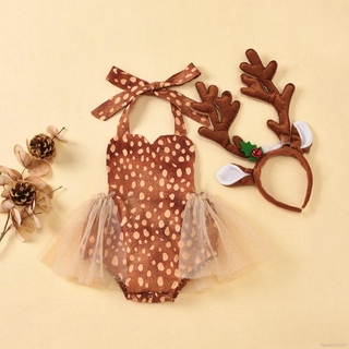 [newinroom]3-24M Infant Baby Girl Deer Bodysuits Dress Sleeveless Strap Jumpsuits Lace Mesh Backless Sunsuit Christmas Antlers Headband 2Pcs Set