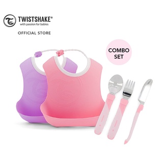 Twistshake เซ็ทสุดคุ้ม Bibs + Learn Cutlery ผ้ากันเปื้อนซิลิโคน แพ็คคู่ 2 ตัว + ชุดช้อนส้อมสำหรับเด็ก