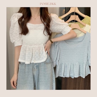 ✨ Tiana Top เสื้อcrop top ลายฉลุดอกไม้แขนตุ๊กตาช่วงล่างระบาย💐