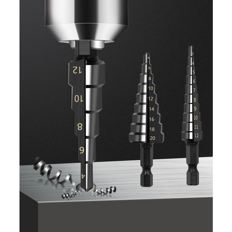 ดอกสว่าน ทรงเจดีย์ ดอกสว่านเจดีย์ ดอกสว่านสเต็ป เจาะขยาย 3 ดอก ขนาด 3-20mm ดอก STEP DRILL