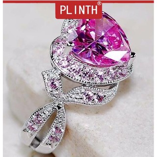 PLINTH แหวนเงินแท้ 925 กะรัตเพชรหัวใจผงแฟชั่นสีชมพูคริสตัล542