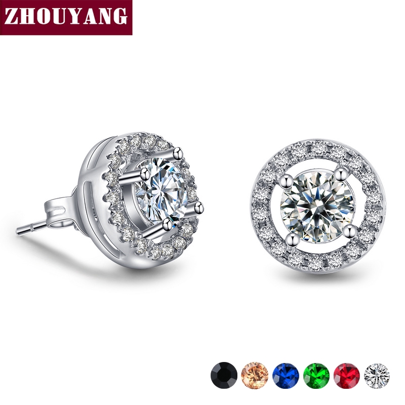 Zhouyang(โจวหยาง) สีเงิน Hearts & Arrows ตัดกะรัตประดับเพชรรัสเซียสีเงินต่างหูสตั๊ดแต่งงานต่างหูสำหรับผู้หญิง ZYE836