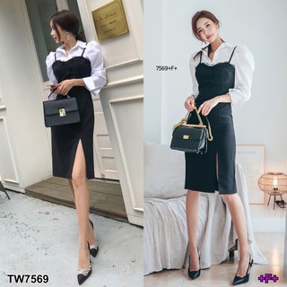 SS7569 Dress เอี๊ยมเดรสสายเดี่ยวผ่าข้าง + เสื้อเชิ้ต
