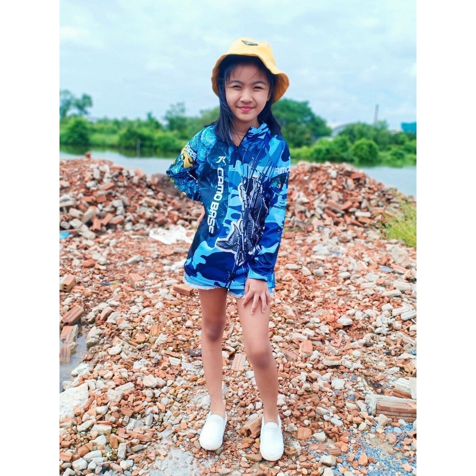 ลาย CAMO BASS เสื้อตกปลาเด็ก กีฬากลางแจ้ง JK THAILAND สีน้ำเงิน ป้องกัน UV สีไม่ตก แห้งเร็ว ชาย หญิง