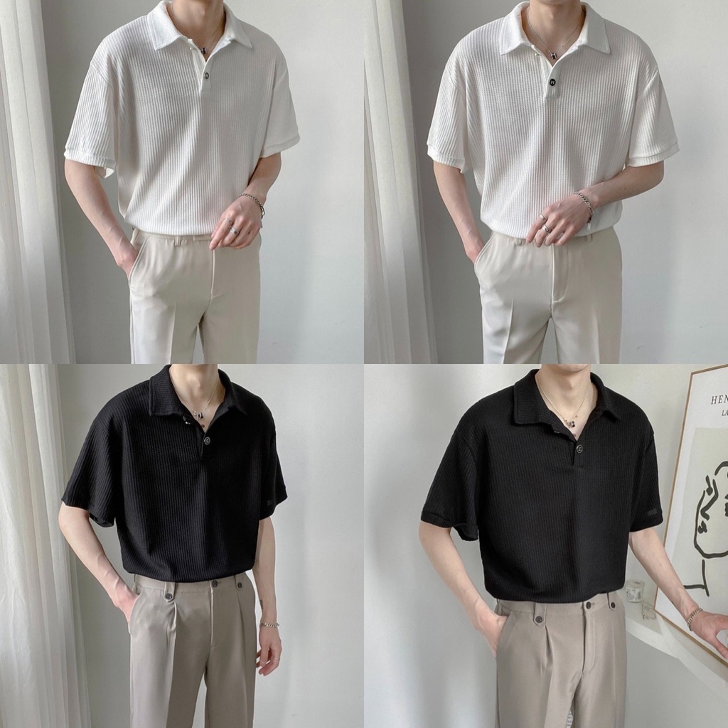 ใหม่พร้อมส่ง เสื้อคอปกแขนสั้น กระดุมดำ ผ้าหนาไม่บาง ใส่สบาย งานดี สไตล์เกาหลี C26