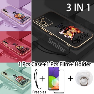 3 IN 1 Infinix Note 12 G96 เคสโทรศัพท์ เคลือบไฟฟ้า สีทอง พร้อมกระจกนิรภัยโค้ง ป้องกันหน้าจอ และตัวยึด ซิลิโคนนุ่ม พิมพ์ลาย One Piece