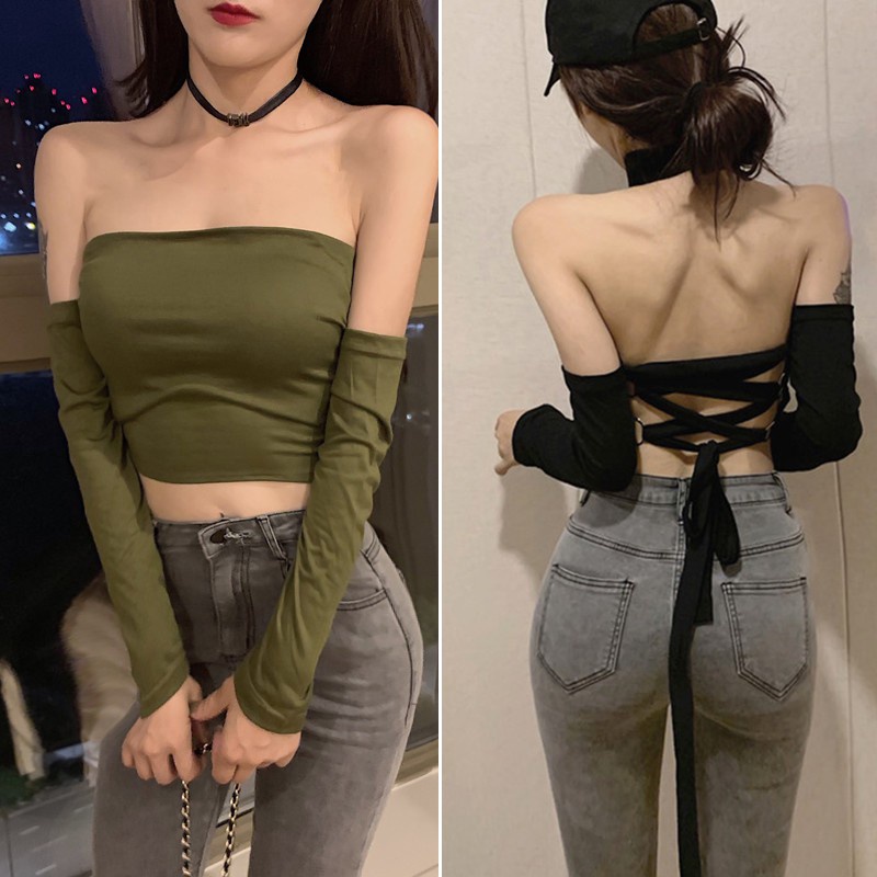 เสื้อครอปเกาะอก แขนยาว เปิดไหล่ เซ็กซี่ สไตล์เกาหลี สําหรับผู้หญิง