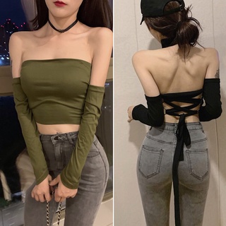 เสื้อครอปเกาะอก แขนยาว เปิดไหล่ เซ็กซี่ สไตล์เกาหลี สําหรับผู้หญิง