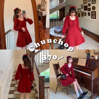 พร้อมส่ง(C2319)🧸🌈✨Rosemary ribbon dress ชุดเดรสสั้นแขนยาวสีแดงเลือดหมู