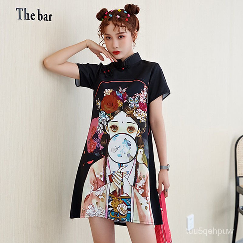 The Day-to-Day Loose Cheongsam Improved Style Girl Black Stand-up Collar Chinese Style Women's Clothing Cheongsam Dress2 #6