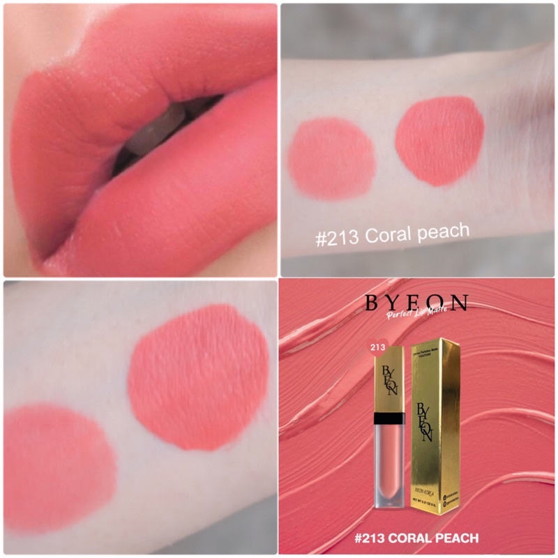 Byeon Lip matte 213 Coral peach ชมพูคอรัลพีชอมส้ม 6 กรัม
