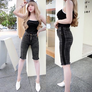 Cc jeans 094 S-XXL กางเกงยีนส์ผู้หญิง กางเกง 4 ส่วน ยืด ปลายขาตัด แต่งมีแถบ