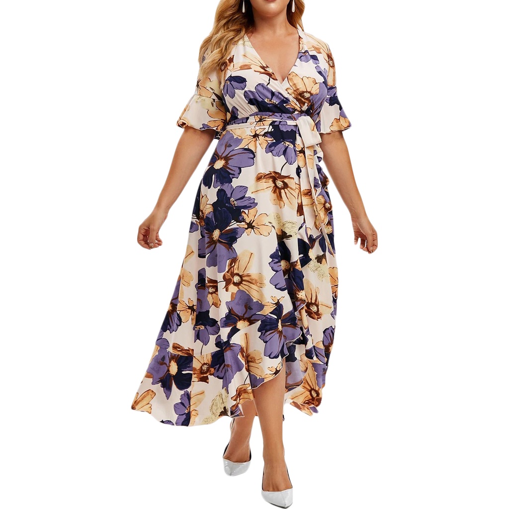 Women Dress Plus Size Flare Half Sleeve Sexy V Neck Midi Long Swing Dress Boho Floral Belted 2819