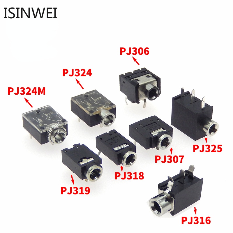 ซ็อกเก็ตแจ็คเชื่อมต่อเสียง PCB 3.5 มม. PJ-306/PJ-307/PJ-316/PJ-318/PJ-319/PJ-324/PJ-324M/PJ-325 แพ็ค 100 ชิ้น