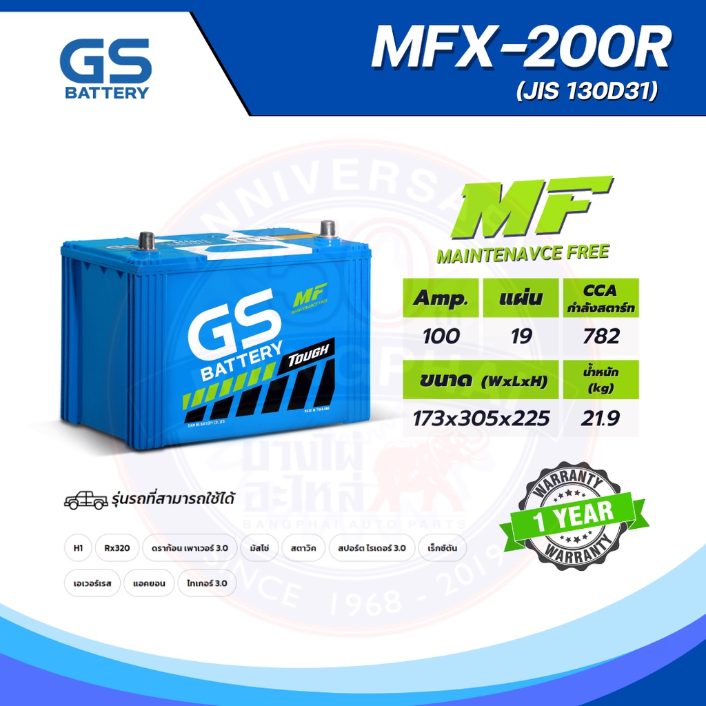 แบตเตอรี่ GS MFX-200R (MF:MFX) 100Amp. (JIS 130D31)