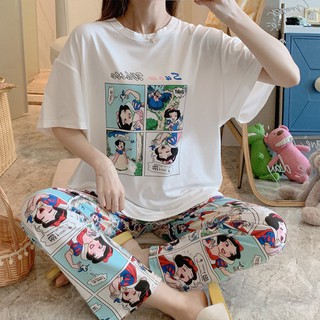 [ราคาถูกที่สุด]เสื้อกางเกงนอน แขนสั้นและกางเกงขายาว รุ้ง เสื้อเชิ้ต ชุดนอนสตรี