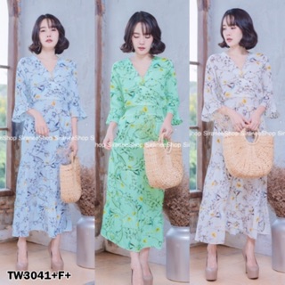 GN3041 Maxi Dress แม๊กซี่เดรสตัวยาว แขนระบาย คอวีไขว้ สุดเก๋ เนื้อผ้าพิมพ์ลวดลายดอกทั้งตัว