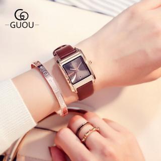 guou 8089 นาฬิกาข้อมือสําหรับสตรีสายเข็มขัดหนังสีโรสโกลด์กันน้ํา