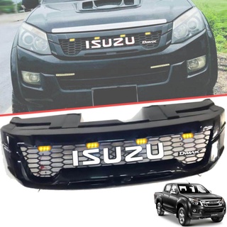 กระจังหน้า หน้ากระจัง มีไฟ LED 4 จุด รุ่น อิซูซุ ดีแม็กซ์ ISUZU D-MAX DMAX ปี 2012 - 2014 สีดำ โลโก้ขาว ไฟสีเหลือง