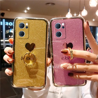 2022 New Casing เคส OPPO Reno7 Pro Reno6 Z 6 Pro 5G Phone Case Glitter Heart Shaped Pattern with Finger Ring Stand Hard Case เคสโทรศัพท