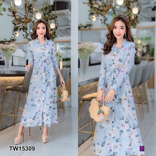 TW15309 Maxi Dress แม็กซี่เดรสแขนยาว ติดกระดุมผ่าด้านหน้า คอเดรสเป็นคอปก เอวผูกเชือกเก็บทรง เนื้อผ้า 100D พิมพ์ลายดอกไม้