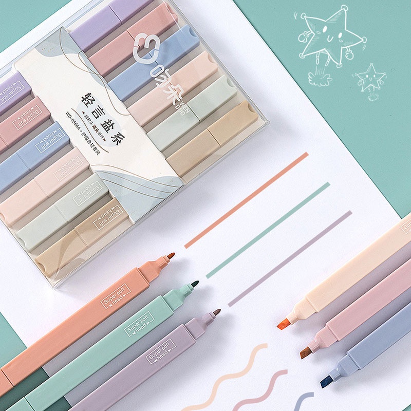 imoda 6 ชิ้น / กล่อง ปากกาเน้นข้อความสองหัว ปากกา มาร์กเกอร์ ปากกา เครื่องเขียนนักเรียน โรงเรียน เครื่องใช้สำนักงาน