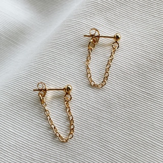 Dainty Ball And Chain Studs, 18K Gold Plated Sterling Silver Earrings E0033 | เงินแท้ 925 ชุบทองเเท้ 18 กะรัต