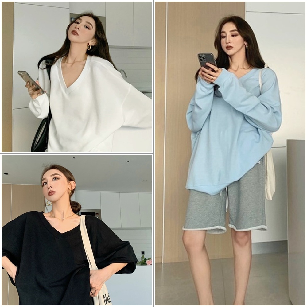 ราคาถูกที่สุด เสื้อยืดแขนยาวคอวีทรงใหญ่ใส่โคร่งๆ สีพื้น 3 สี
